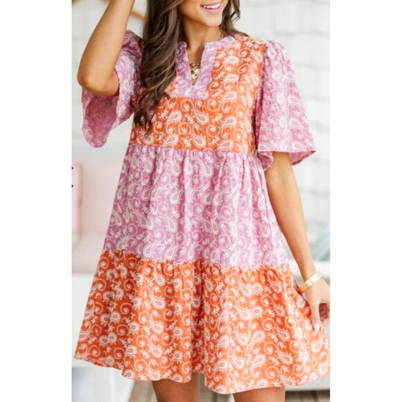 Voy Dresses & Skirts - NWT Voy Paisley Colorblock Boho Cotton Tiered Dress~V-Neck/Puff Sleeves~SMALL